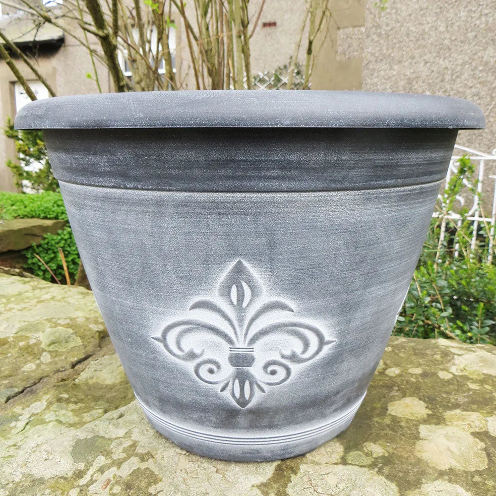 fleur de lis planter pot 25cm Fleur de Lys Planter Black/White Plant Pot – Plants For All Seasons