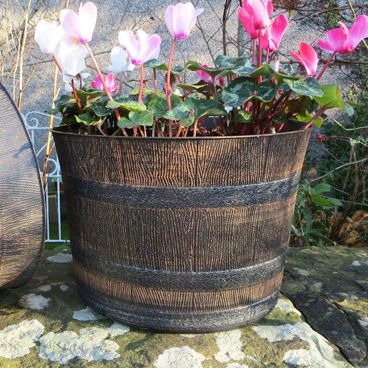 32cm Whiskey Barrel Brown with Bands Plant Pot
