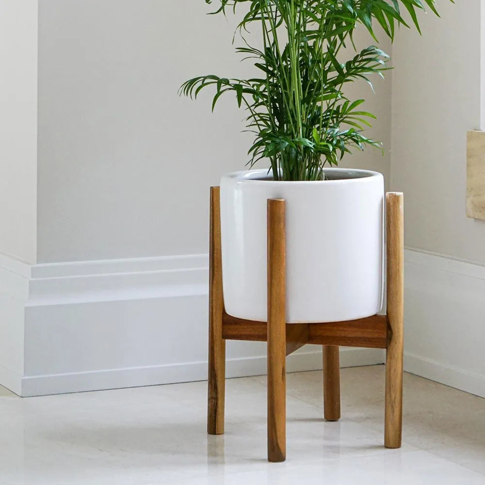 Anzio Stone White Planter with Wooden Stand 38.5cm Height 24cm Dia