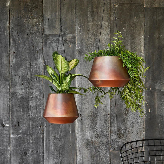 Indoor Soho Aged Copper Hanging Planter with Leather Strap 15cm Height 19cm Dia