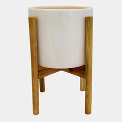 Anzio Stone White Planter with Wooden Stand 38.5cm Height 24cm Dia