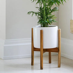 Anzio Stone White Planter with Wooden Stand 38.5cm Height 24cm Dia