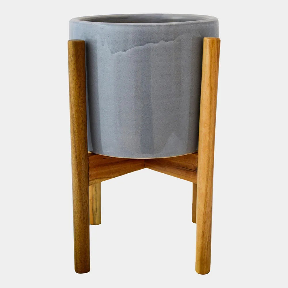 Anzio Warm Grey Planter with Wooden Stand 38.5cm Height 24cm Dia