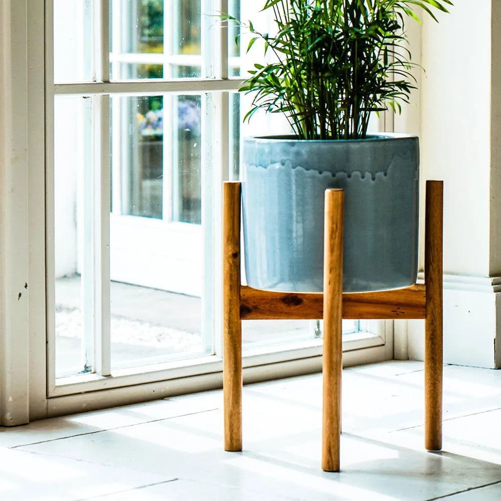 Anzio Warm Grey Planter with Wooden Stand 38.5cm Height 24cm Dia