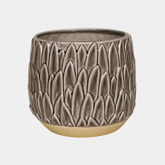 Arles Leaf Embossed Mocha Planter 17cm Height 18cm Dia