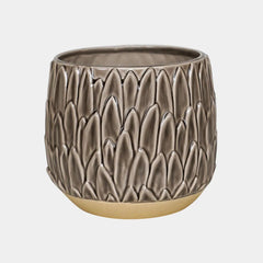 Arles Leaf Embossed Mocha Planter 17cm Height 18cm Dia