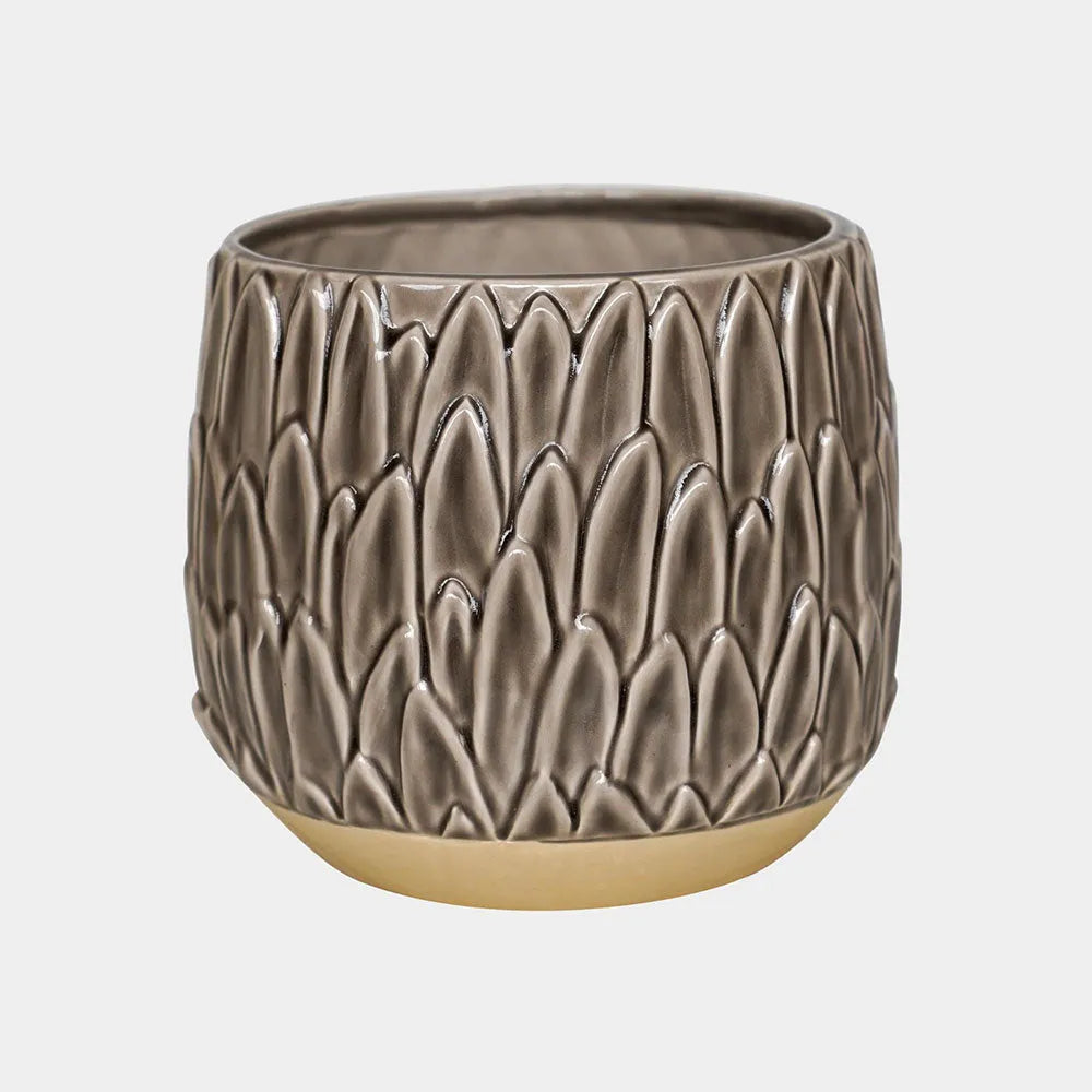 Arles Leaf Embossed Mocha Planter 20cm Height 22cm Dia