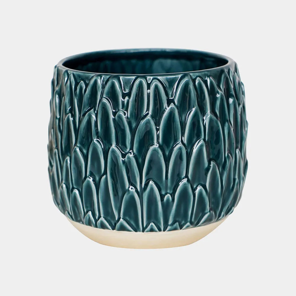 Arles Leaf Embossed Teal Planter 17cm Height 18cm Width