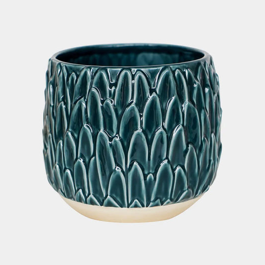 Arles Leaf Embossed Teal Planter 17cm Height 18cm Width