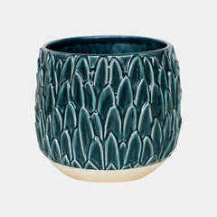 Arles Leaf Embossed Teal Planter 17cm Height 18cm Width