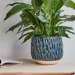 Arles Leaf Embossed Teal Planter 20cm Height 22cm Width