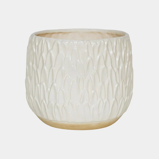 Arles Leaf Embossed White Planter 17cm Height 18cm Width