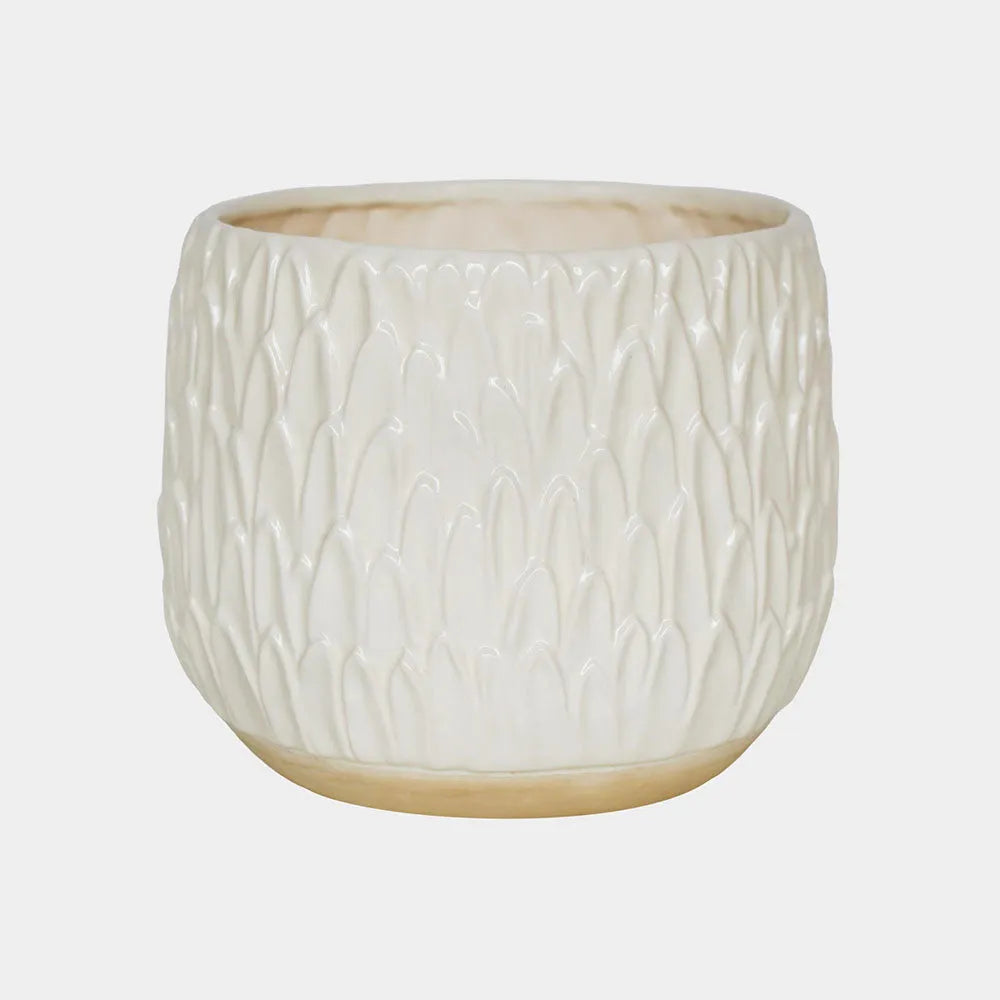 Arles Leaf Embossed White Planter 20cm Height 22cm Width