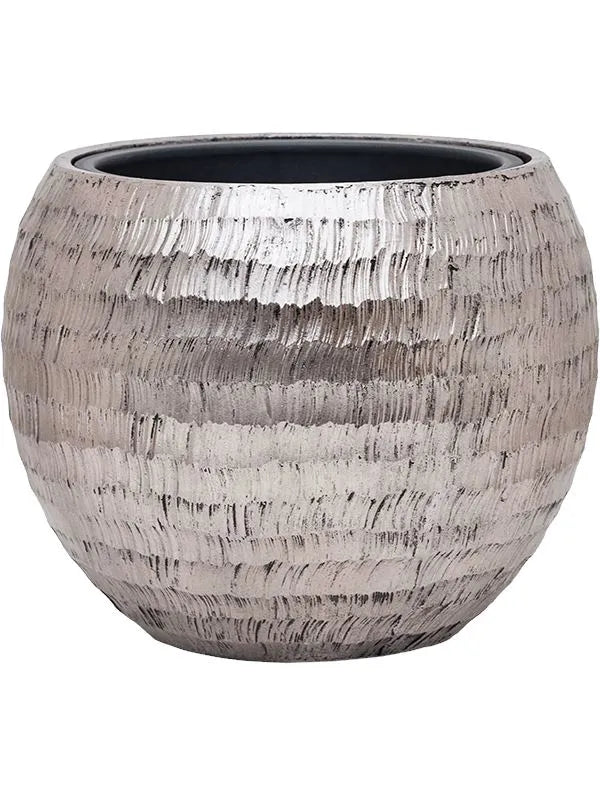 Baq Opus Hammered Plant Pot 32cm Height 27cm Dia Globe Silver (with liner)