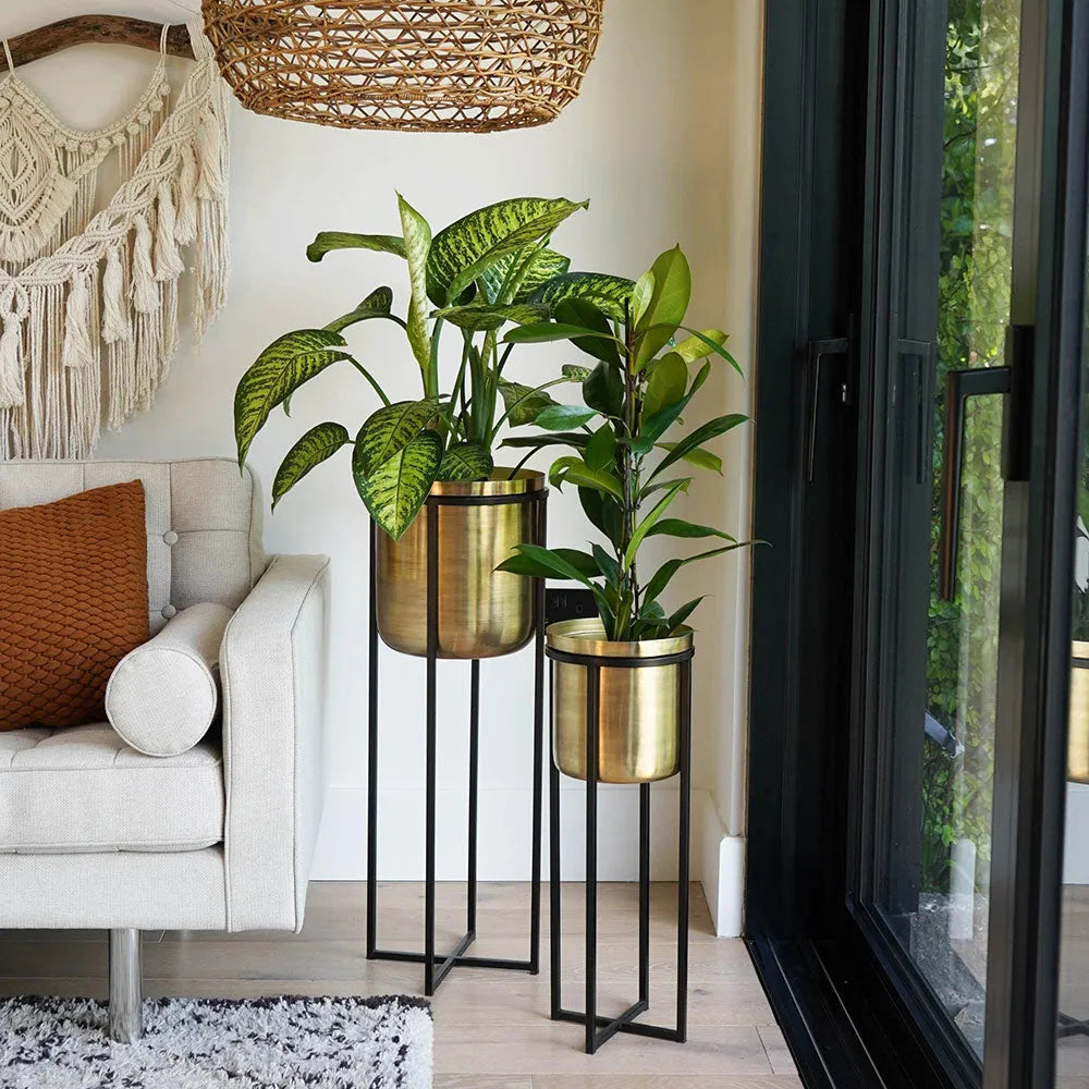 Calla Planter Stand Black Antique Gold 58cm Height 22cm Dia