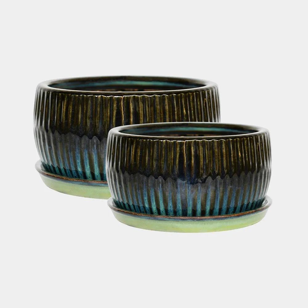 Emerald Round Reactive Glaze Bonsai Planter Set of 2