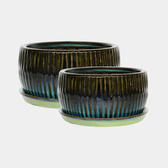 Emerald Round Reactive Glaze Bonsai Planter Set of 2