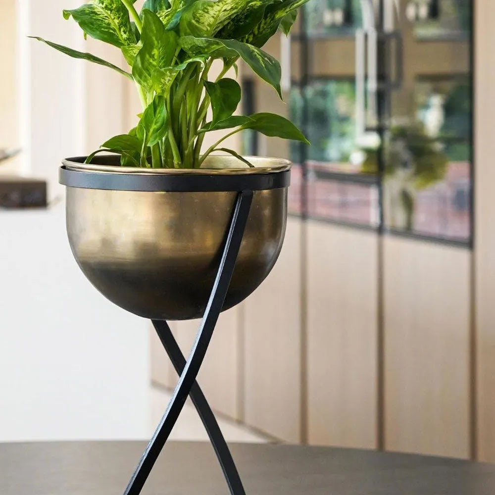 Indoor Kensington Tall Brass Metal Round Planter on Stand 42cm Height 20cm Width