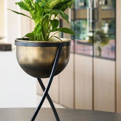 Indoor Kensington Tall Brass Metal Round Planter on Stand 42cm Height 20cm Width