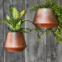 Indoor Soho Aged Copper Hanging Planter with Leather Strap 15cm Height 19cm Dia
