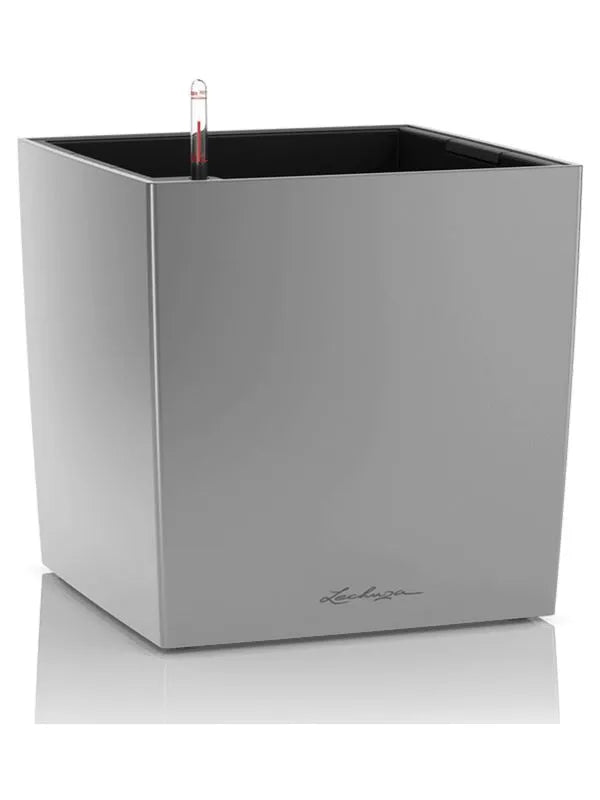 Lechuza Premium Cube 30 Plant Pot 30cm Height 25.5cm Dia All Inclusive Set Silver Metallic