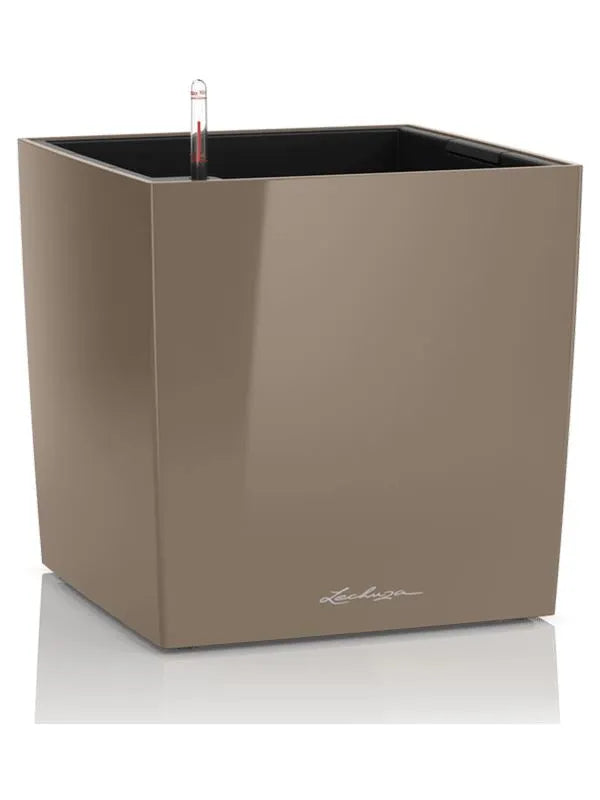 Lechuza Premium Cube 30 Plant Pot 30cm Height 25.5cm Dia All Inclusive Set Taupe High Gloss