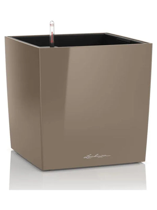 Lechuza Premium Cube 30 Plant Pot 30cm Height 25.5cm Dia All Inclusive Set Taupe High Gloss