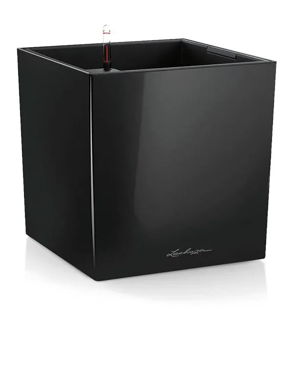 Lechuza Premium Cube 40 Plant Pot 40cm Height 34.5cm Dia All Inclusive Set Black High Gloss