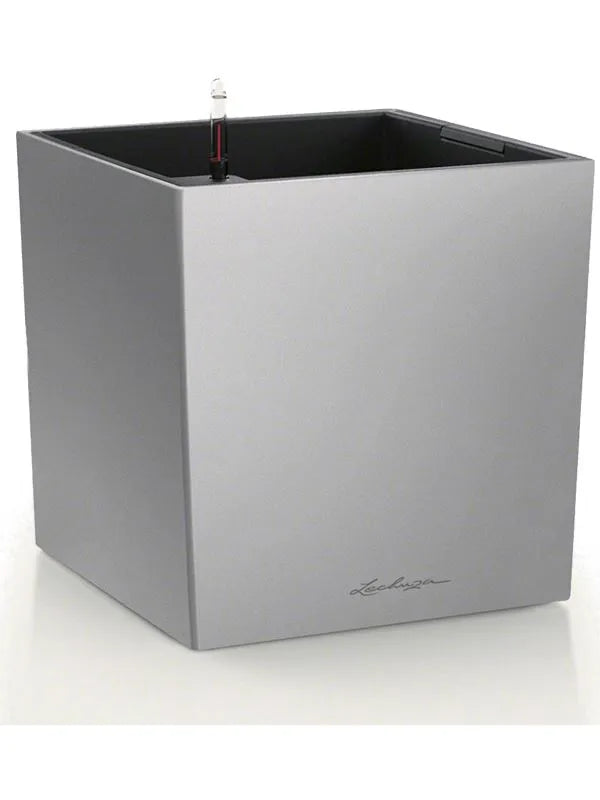 Lechuza Premium Cube 40 Plant Pot 40cm Height 34.5cm Dia All Inclusive Set Silver Metallic