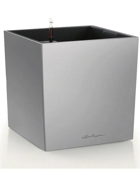 Lechuza Premium Cube 40 Plant Pot 40cm Height 34.5cm Dia All Inclusive Set Silver Metallic