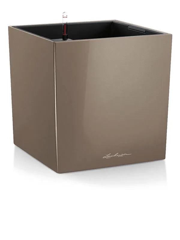 Lechuza Premium Cube 40 Plant Pot 40cm Height 34.5cm Dia All Inclusive Set Taupe High Gloss