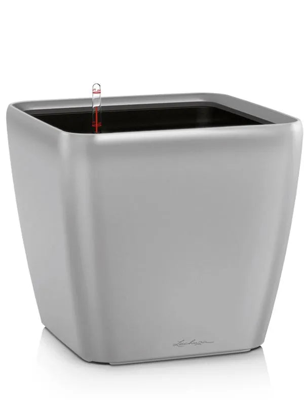 Lechuza Premium Quadro LS 35 Plant Pot 33cm Height 29.5cm Dia All Inclusive Set Silver Metallic