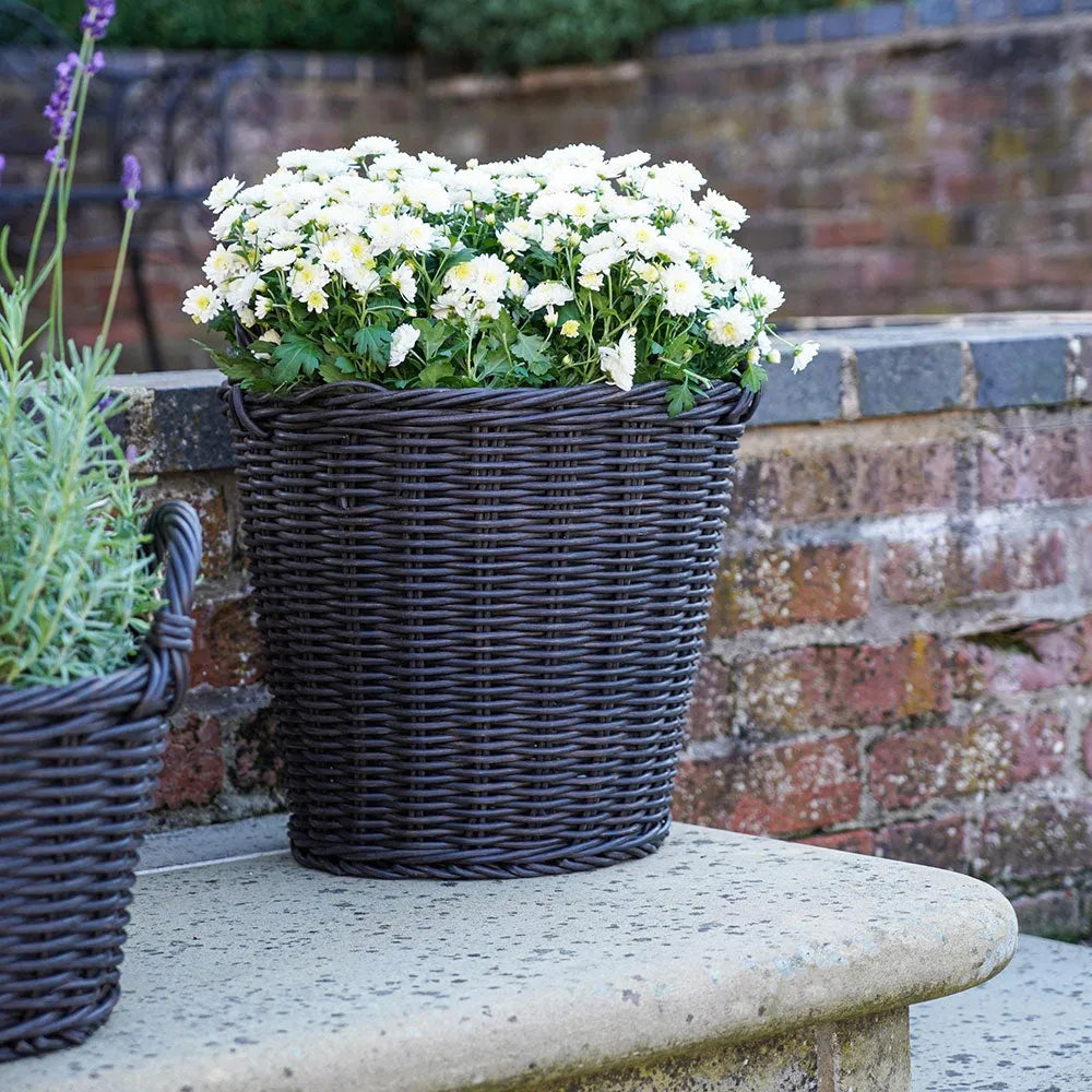 Polyrattan Set of Two Lined Planters Willow