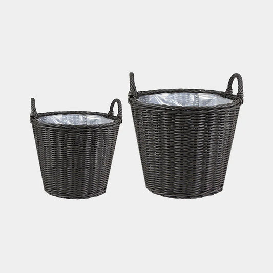 Polyrattan Set of Two Lined Planters Willow