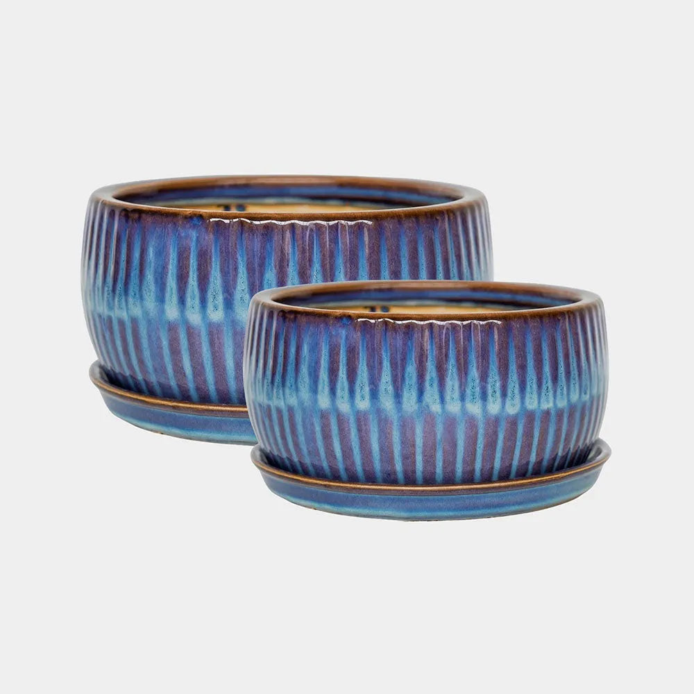 Sapphire Round Reactive Glaze Bonsai Planter Set of 2