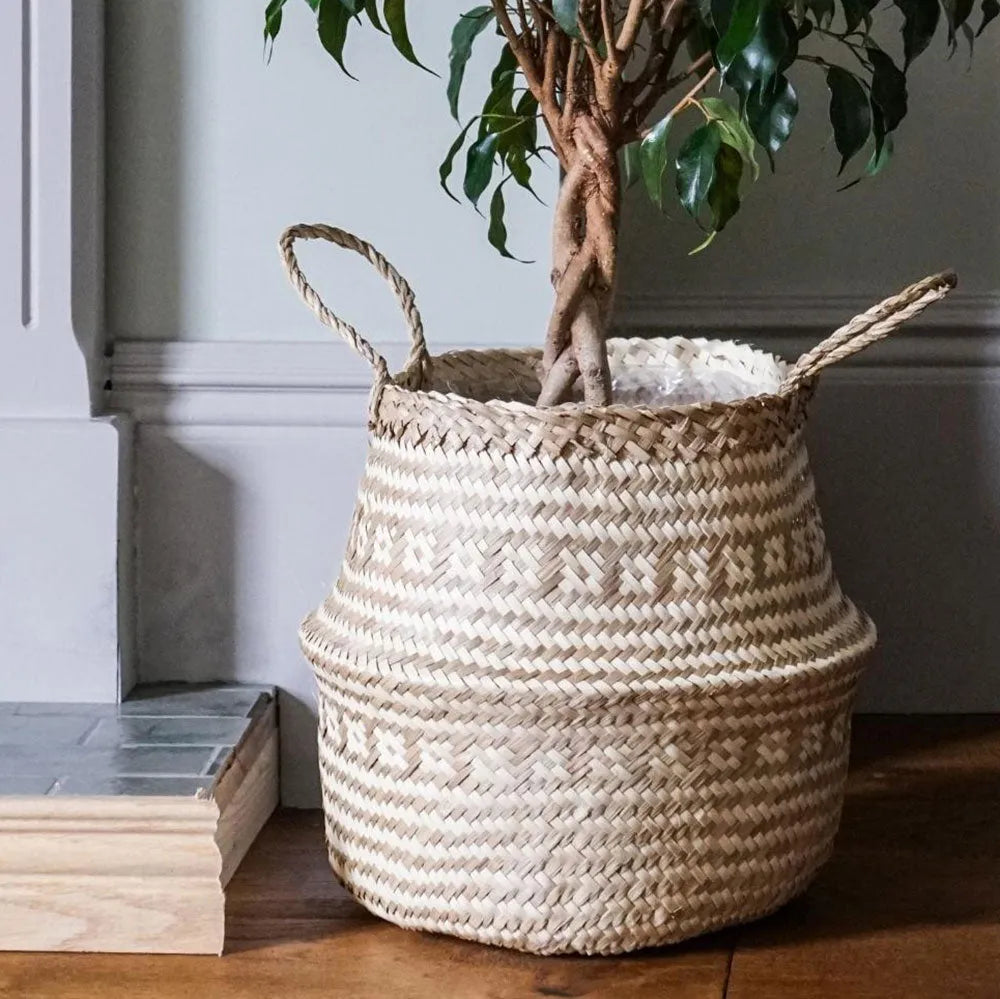 Seagrass Tribal White Lined Basket Small 25cm Height 30cm Dia