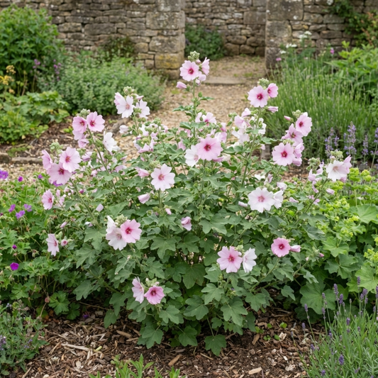 Lavatera Barnsley Baby Hardy Mallow Plant, Outdoor Garden Ready Flowering Shrub, 17cm Root-Ball