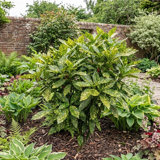 Aucuba Japonica Crotonifolia Gold Dust Spotted Laurel, Hardy Evergreen Shade Shrub, 7.5L Root-Ball