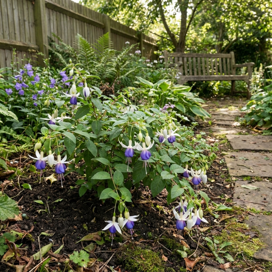3 Trailing Fuchsia Blue Angel Plants, Blue & White Flowers, Summer Bedding, 10.5cm Pots
