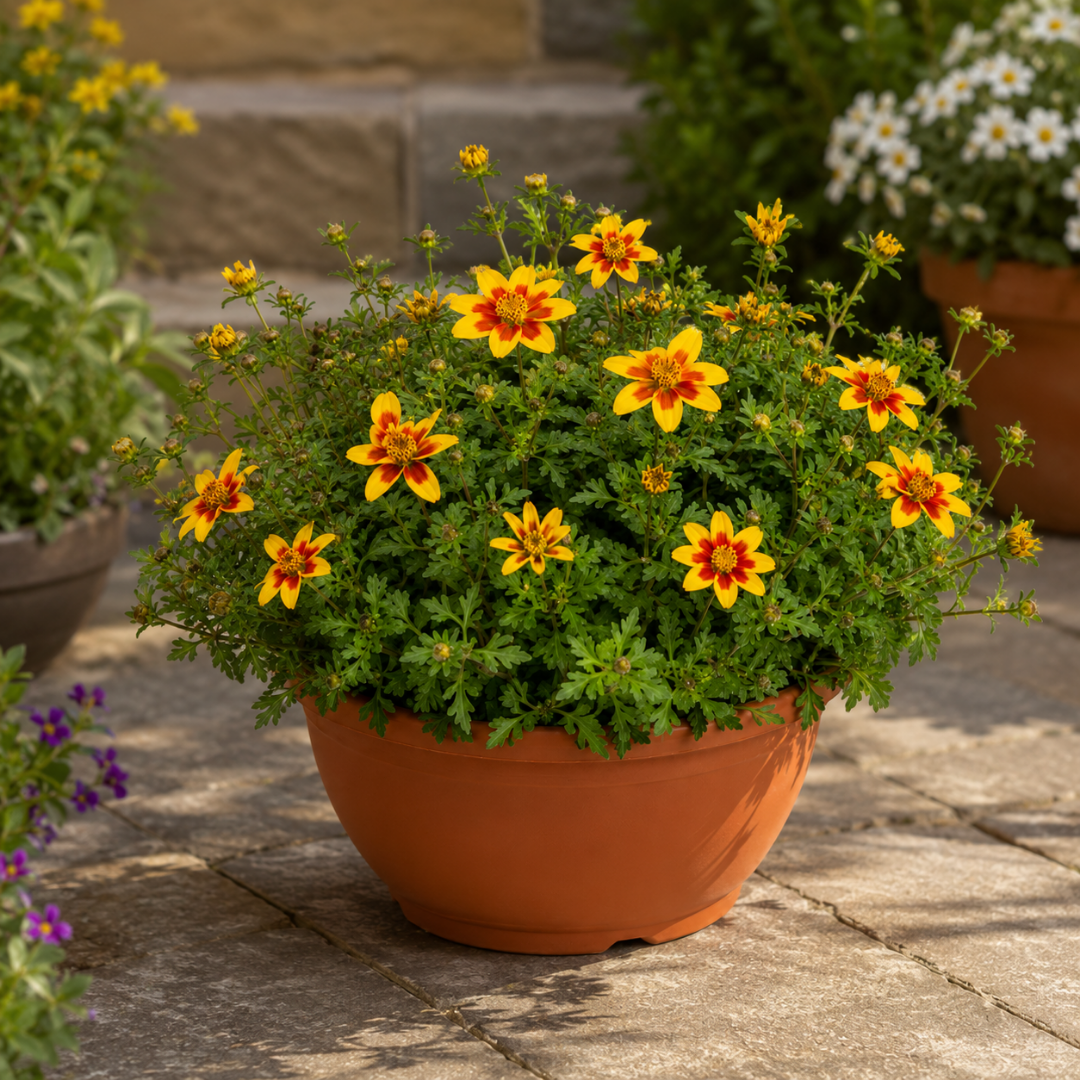 1 Bidens Taka Tuka Yellow Red Star, Summer Flowering Trailing Plant, Outdoor Garden Ready, 21cm Root-Ball