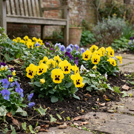 Set of 3 or 6 Pansy Cats Plus Yellow Plants, Hardy Garden Ready Spring & Autumn Bedding Flowers, 1 Litre Root Ball