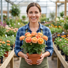 Ranunculus Vortex Orange Apricot Persian Buttercup Plants, Hardy Perennial, Spring Flowering, Outdoor Garden Ready, 1 Litre Root-Ball
