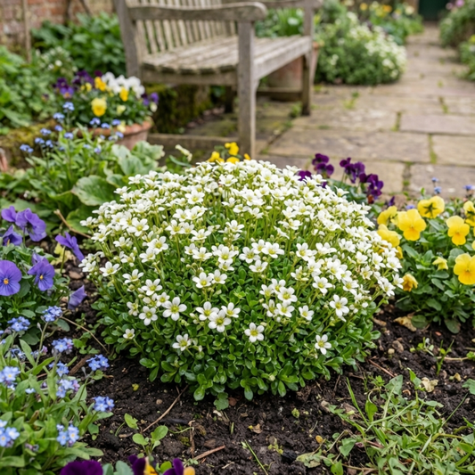 Saxifrage Ice Colours Pearl White Plants, Hardy Alpine Evergreen Ground Cover Perennial, Outdoor Garden Ready, 1 Litre Root-Ball