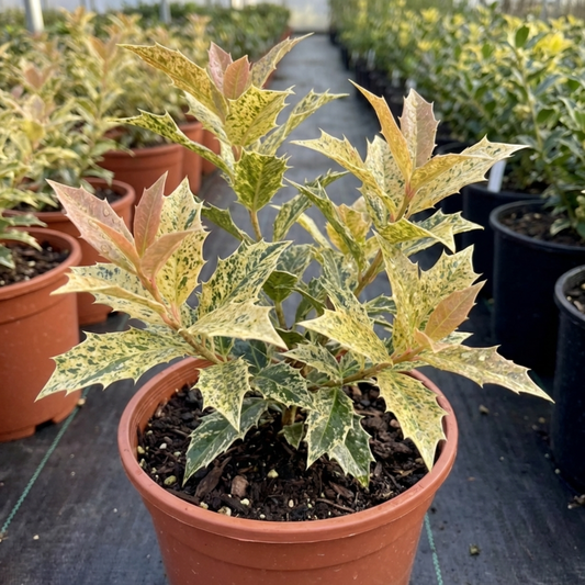 Osmanthus Goshiki Variegated Evergreen Shrub, Hardy Outdoor Garden Ready, 19cm Root-Ball