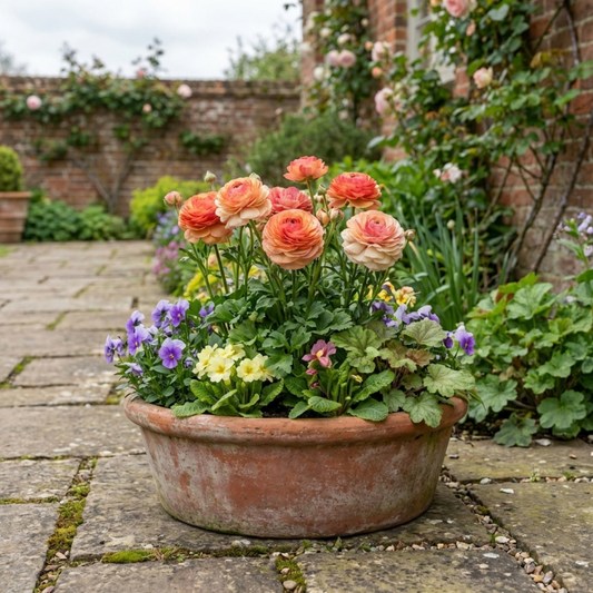 Ranunculus Vortex Orange Pink Persian Buttercup Plants, Hardy Perennial, Spring Flowering, Outdoor Garden Ready, 1 Litre Root-Ball