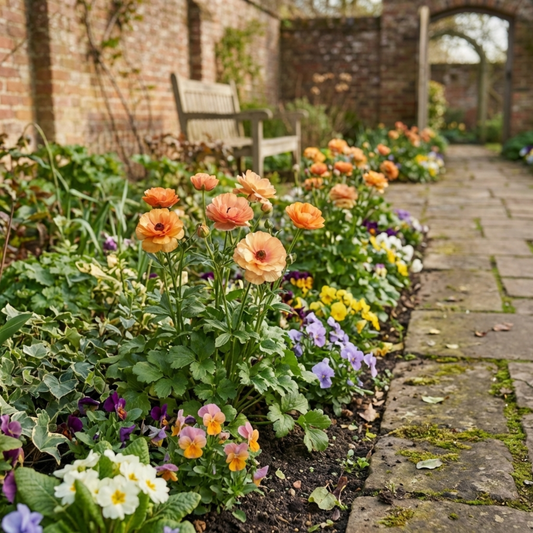 Ranunculus Vortex Orange Apricot Persian Buttercup Plants, Hardy Perennial, Spring Flowering, Outdoor Garden Ready, 1 Litre Root-Ball