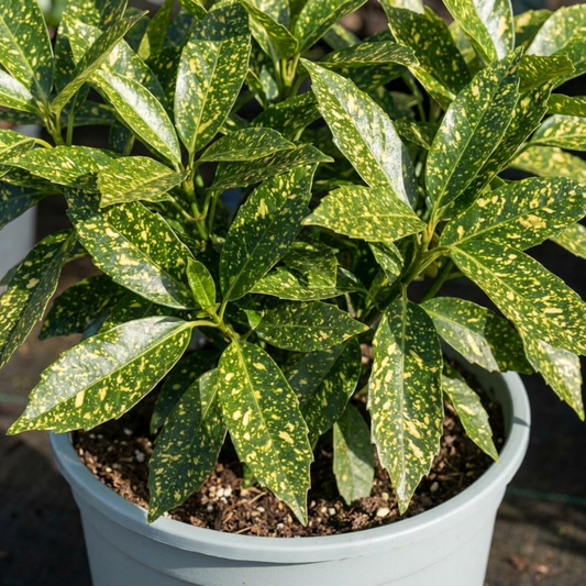 Aucuba Japonica Crotonifolia Gold Dust Spotted Laurel, Hardy Evergreen Shade Shrub, 7.5L Root-Ball