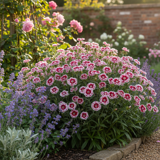 1 Spring–Summer Dianthus Flowering Plants – Dart Red White Picotee. Outdoor Garden Ready Plants for Pots, Borders, Rockeries & Containers. Hardy, Compact & Easy to Grow. Supplied as a Large 2L Pot