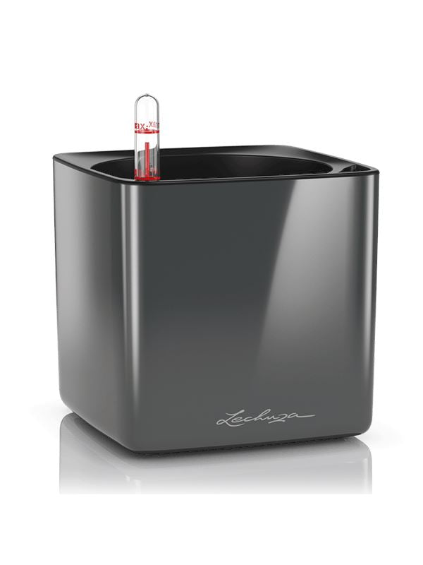 Lechuza Cube Glossy 14 Plant Pot 14cm Height 12cm Dia All Inclusive Set Anthracite High-gloss Pots & Planters