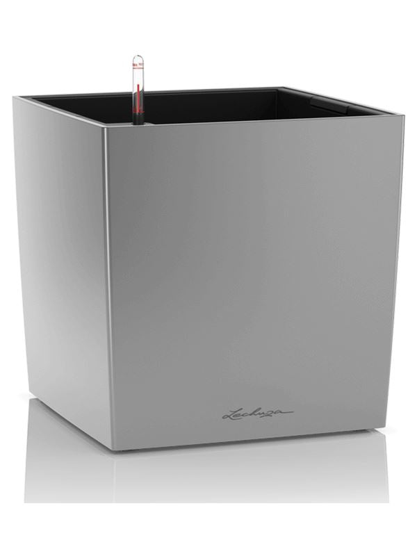 Lechuza Premium Cube 30 Plant Pot 30cm Height 25.5cm Dia All Inclusive Set Silver Metallic Pots & Planters